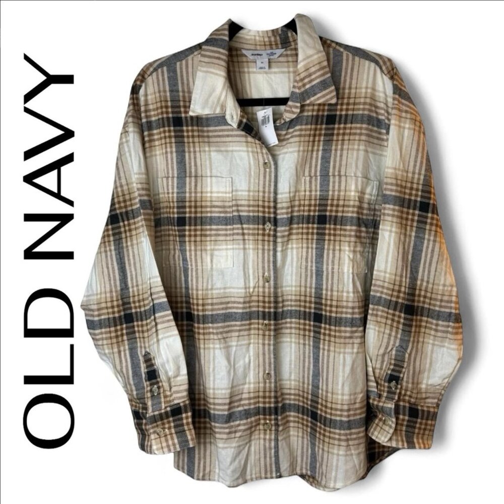 OLD NAVY - Relaxed Fit Boyfriend Shirt Flannel Tan Brown Size Large NWOT - Picture 6 of 6